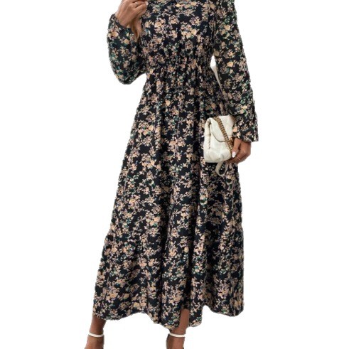 Vintage Floral Print Long Sleeve A-Line Dress