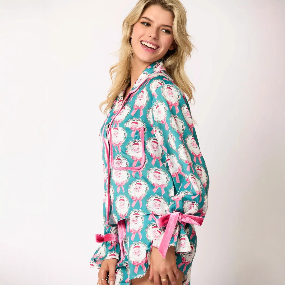 Christmas Santa Velvet Bow Pajama Set for Women