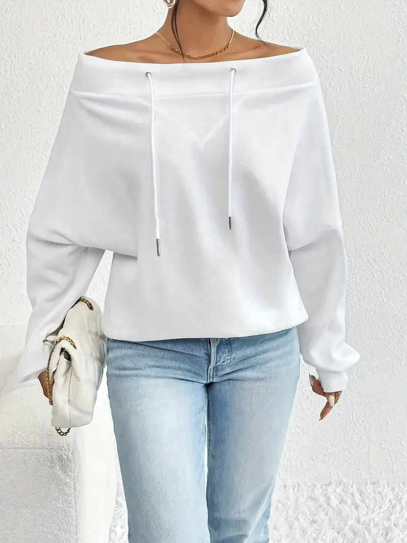 Women's Off-Shoulder Drawstring Top Loose Casual Long Sleeve