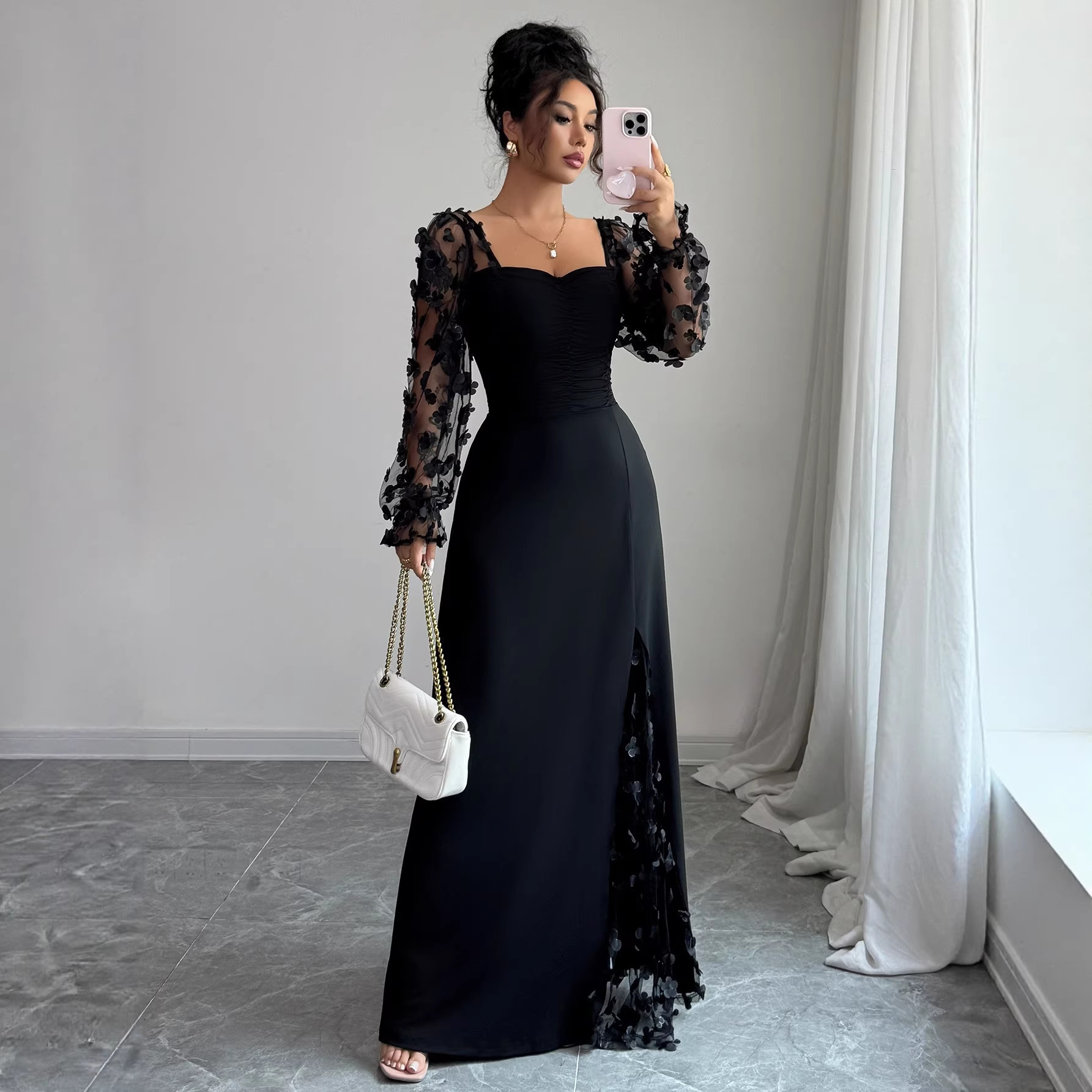 French Vintage Sheer Long Sleeve Evening Dress