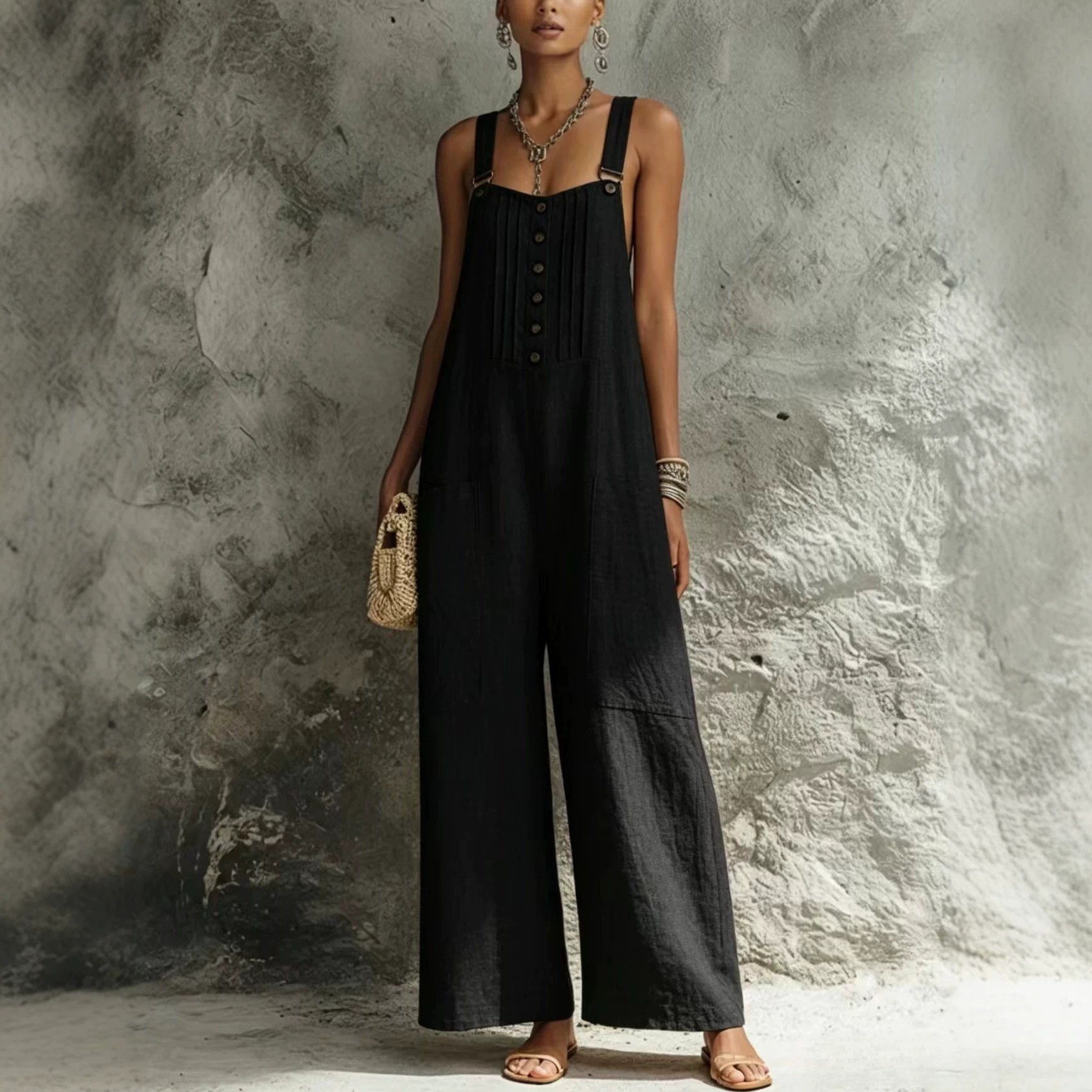 Women's Woven Button Sleeveless Wide-Leg Jumpsuit with Open Back and Pockets