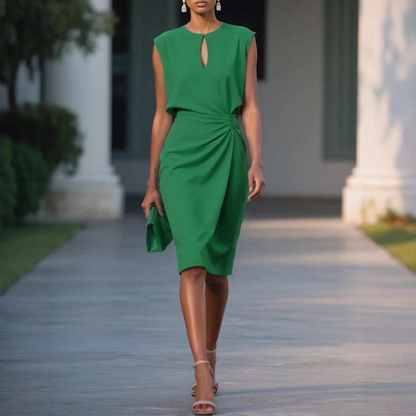 Women's Vintage Cross Solid Color Knotted Round Neck Cutout Dress