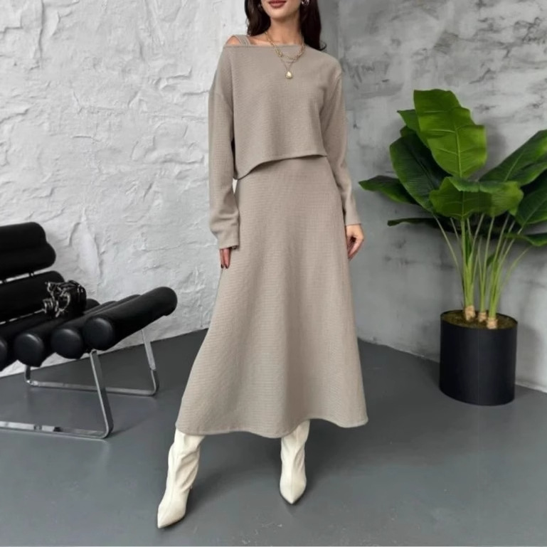 Off-Shoulder Knit Top and Long Skirt Two-Piece Set