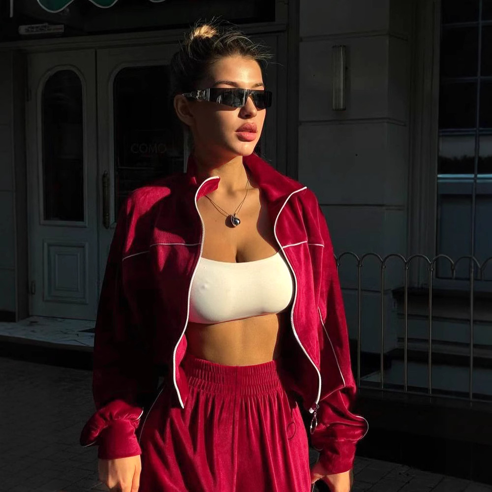 Velvet Zip-Up Long Sleeve Two-Piece Pants Set