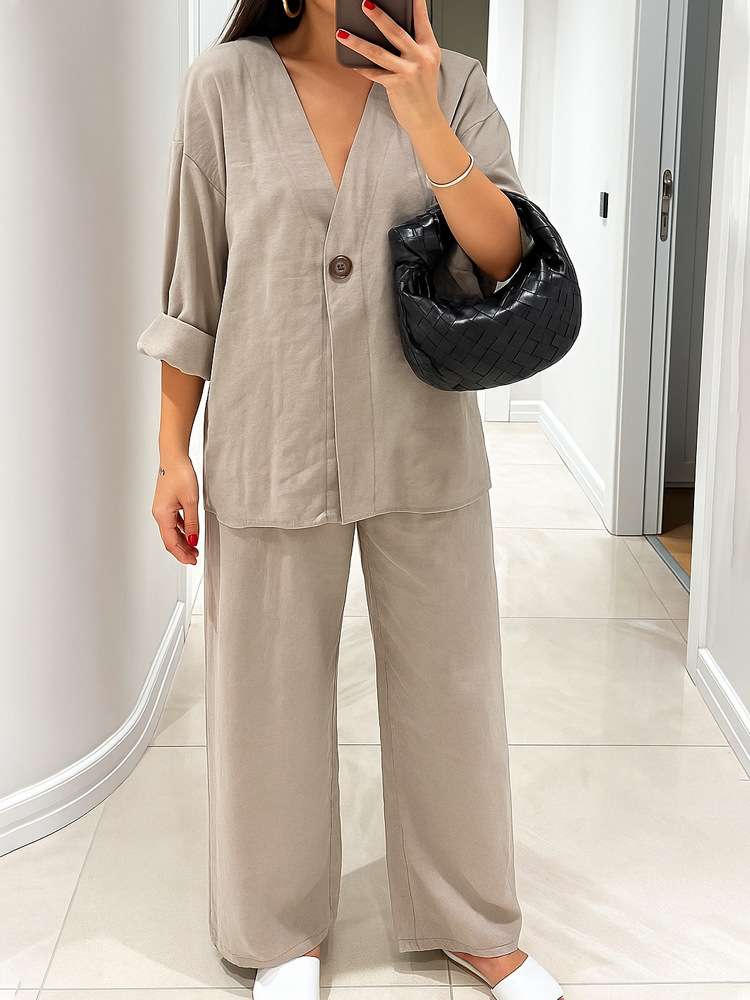 Women's Casual V-Neck One-Button Cardigan and Pants Set
