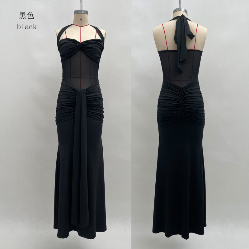Women's Elegant Open Back Ruched Bodycon Long Dress