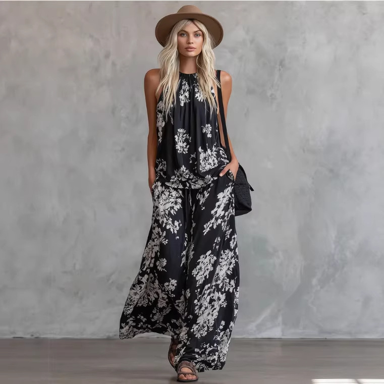 Floral Print Sleeveless Top and Pants Chiffon Set