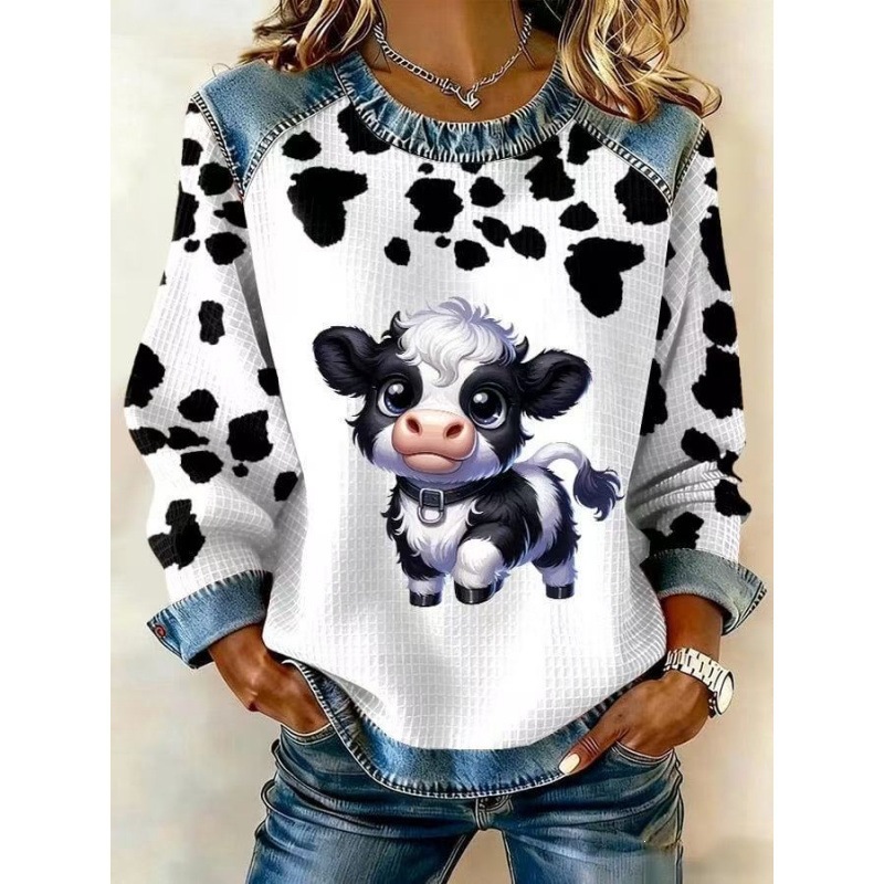 3D Print Colorblock Denim Collar Pullover Sweatshirt Women's Long Sleeve Loose Fit