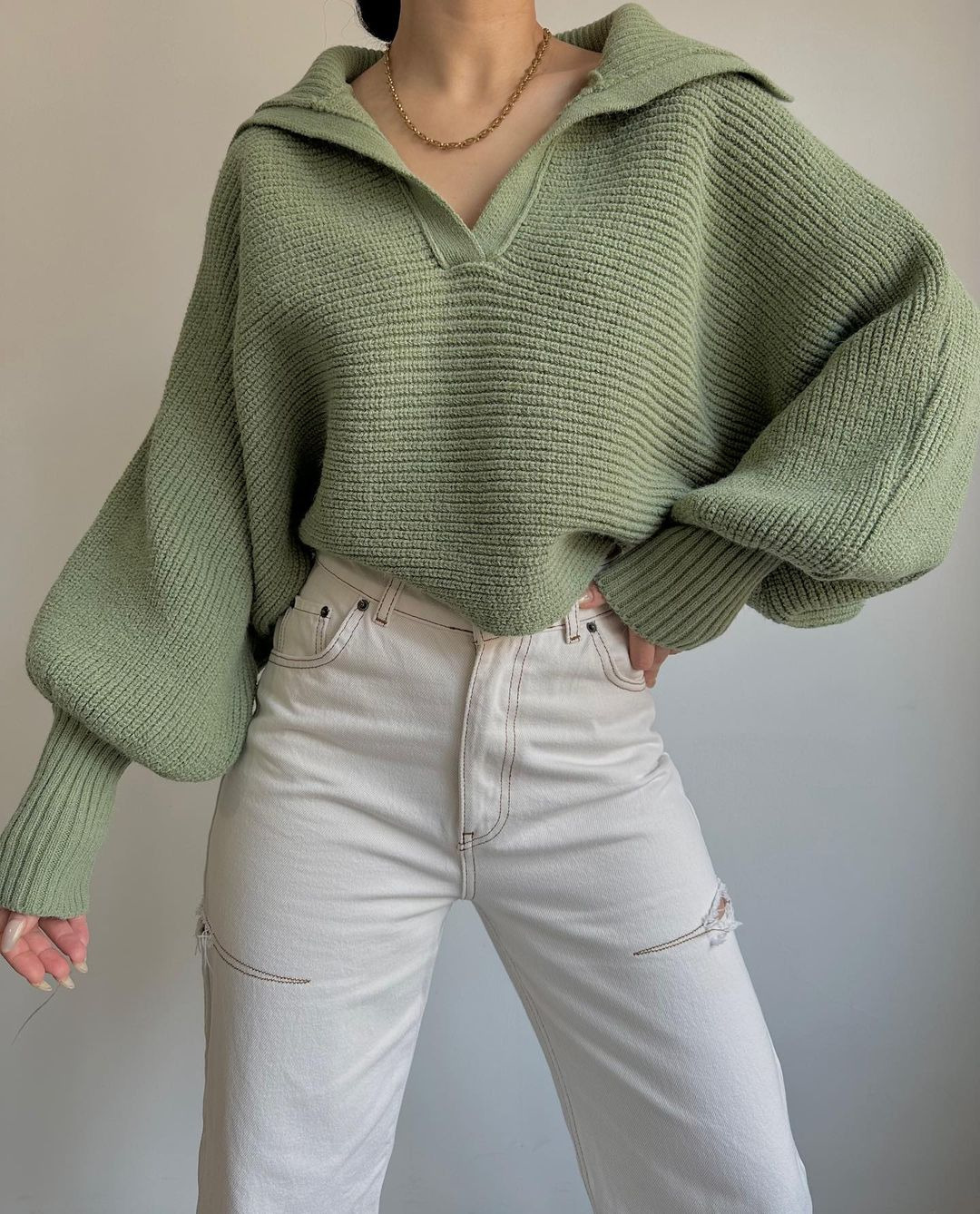 Women's Loose Lantern Sleeve Open Collar Pullover Cropped Sweater