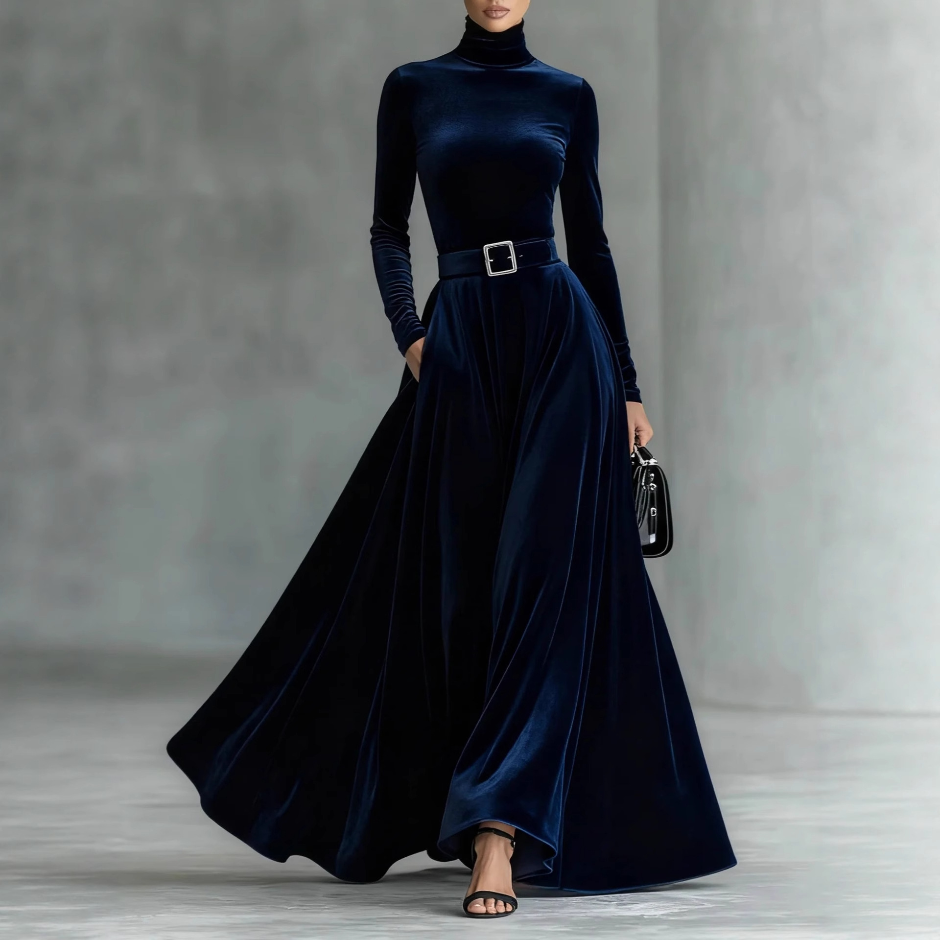 High Neck Velvet Bodycon Midi Dress Long Sleeve Party Cocktail