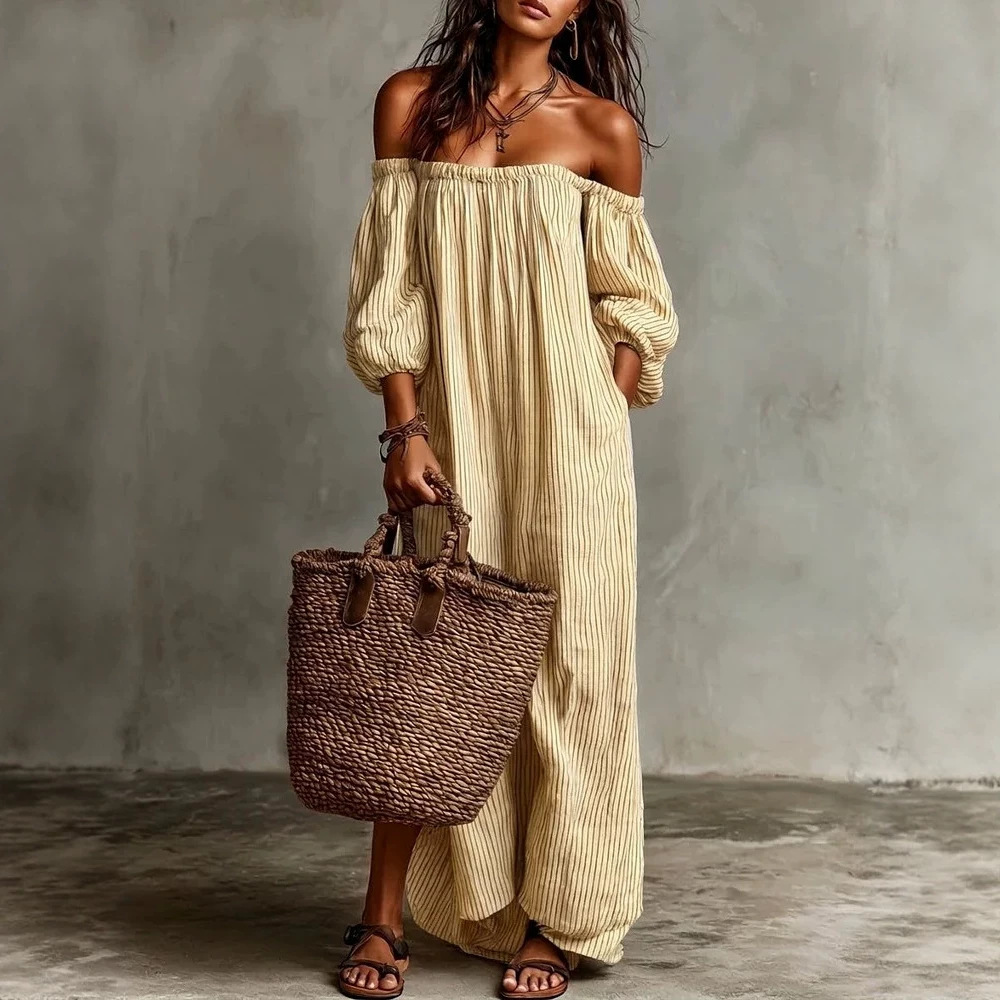 Striped Off-Shoulder Cotton-Linen Maxi Dress