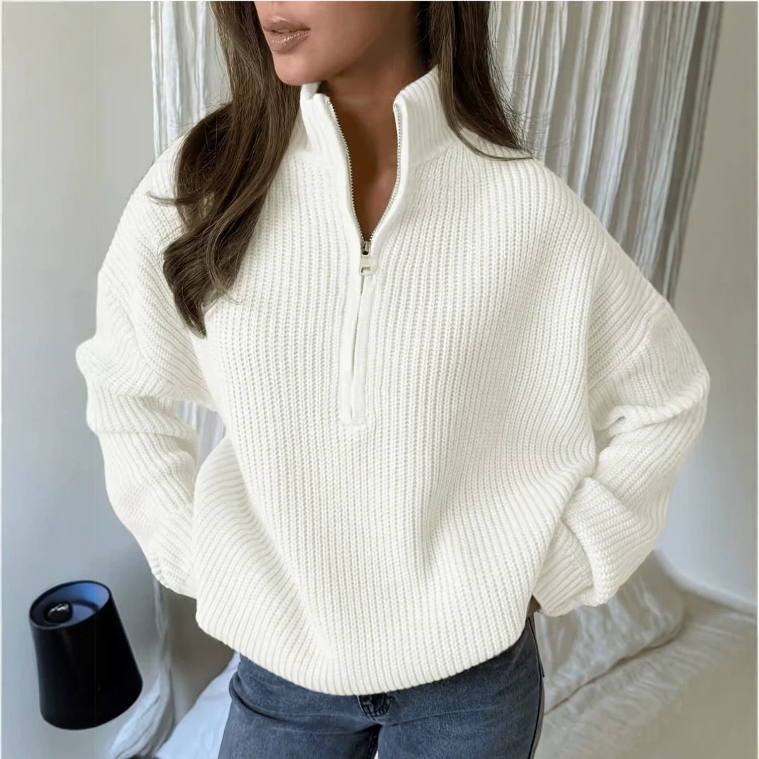 Loose Fit Knit Pullover Sweater with Zip Turtleneck