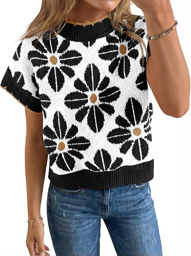 Women's Floral Knit Short Sleeve Sweater Vintage Crew Neck Loose Summer Pullover