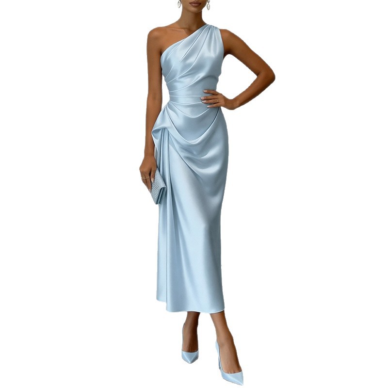 Women's Summer One-Shoulder Bodycon Dress Solid Color Waist-Defining French Style