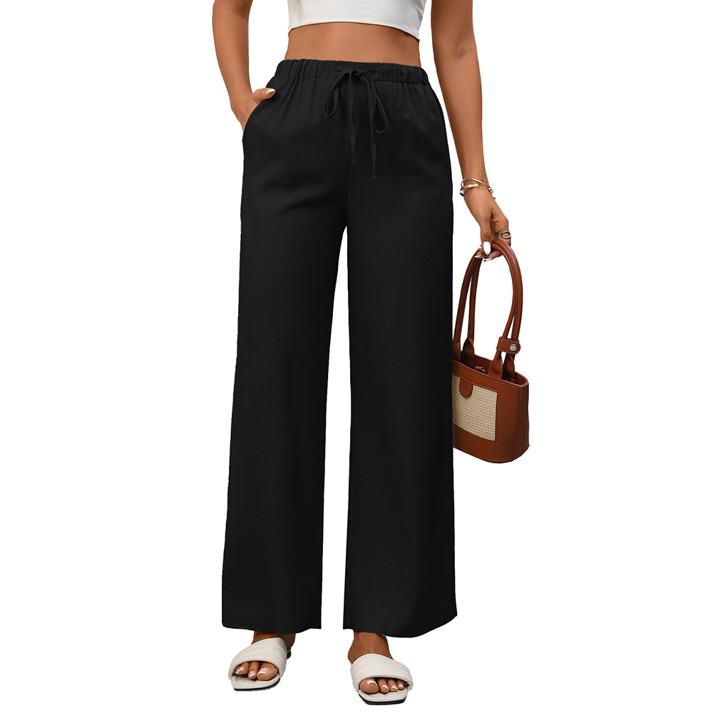 Women's Solid Color High-Waist Wide-Leg Cotton-Linen Pants