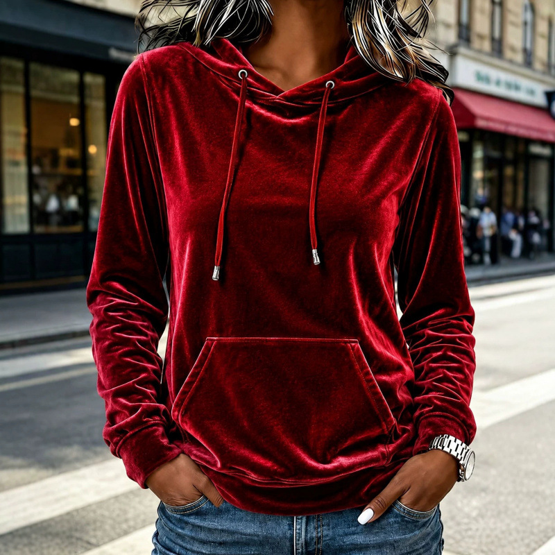 Women's Velvet Hooded Pullover Sweatshirt with Drawstring