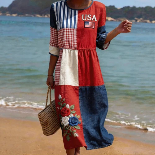 Women's American Floral Flag Print Ruched Midi Dress