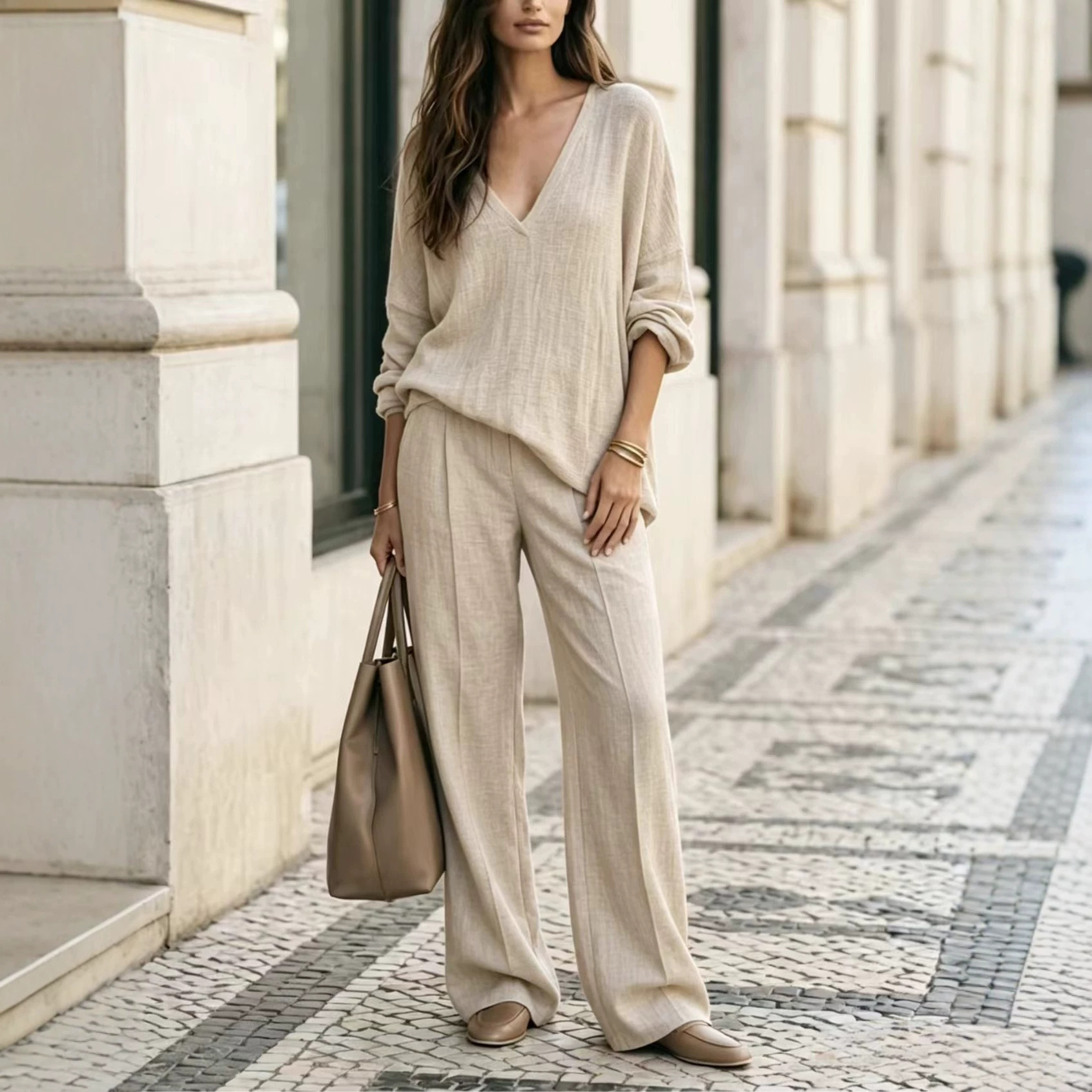 Women's Casual Solid V-Neck Long-Sleeve Top and Pants Set