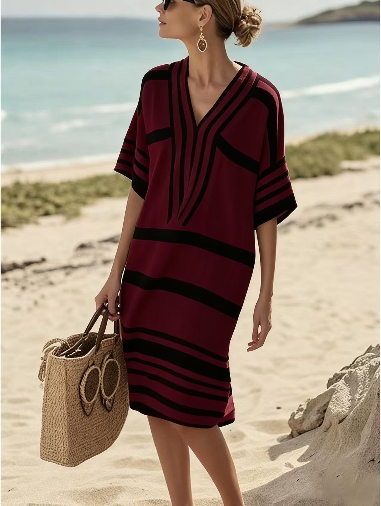 Women's Plaid Striped Solid Print Midi Dress