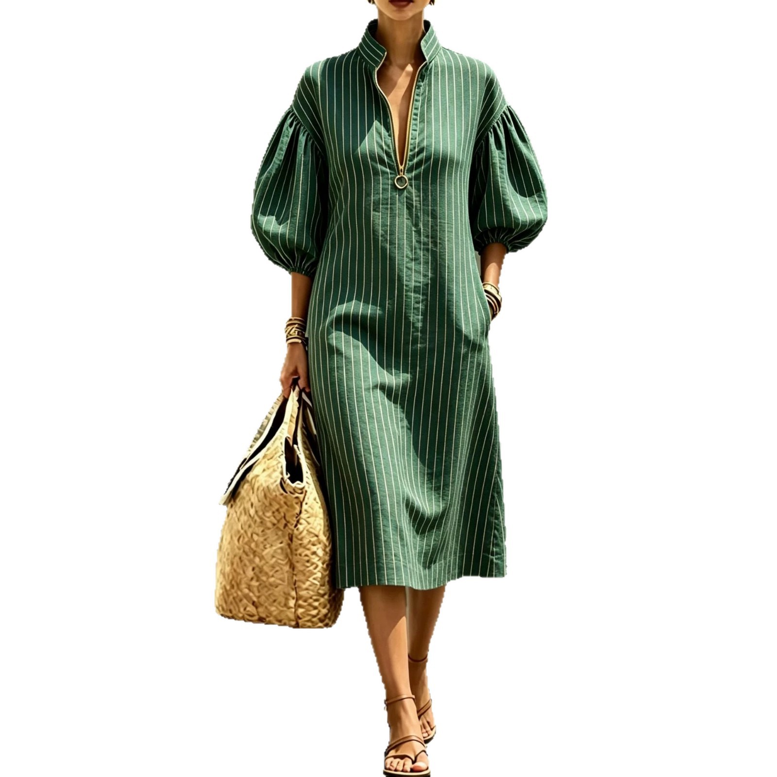 Women's Casual Loose Stand Collar Puff Sleeve Half-Zip Midi Dress