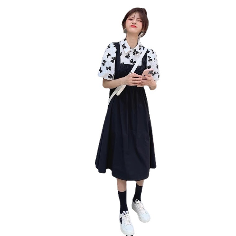 Floral Print A-Line Midi Dress with Polo Collar and Puff Sleeves