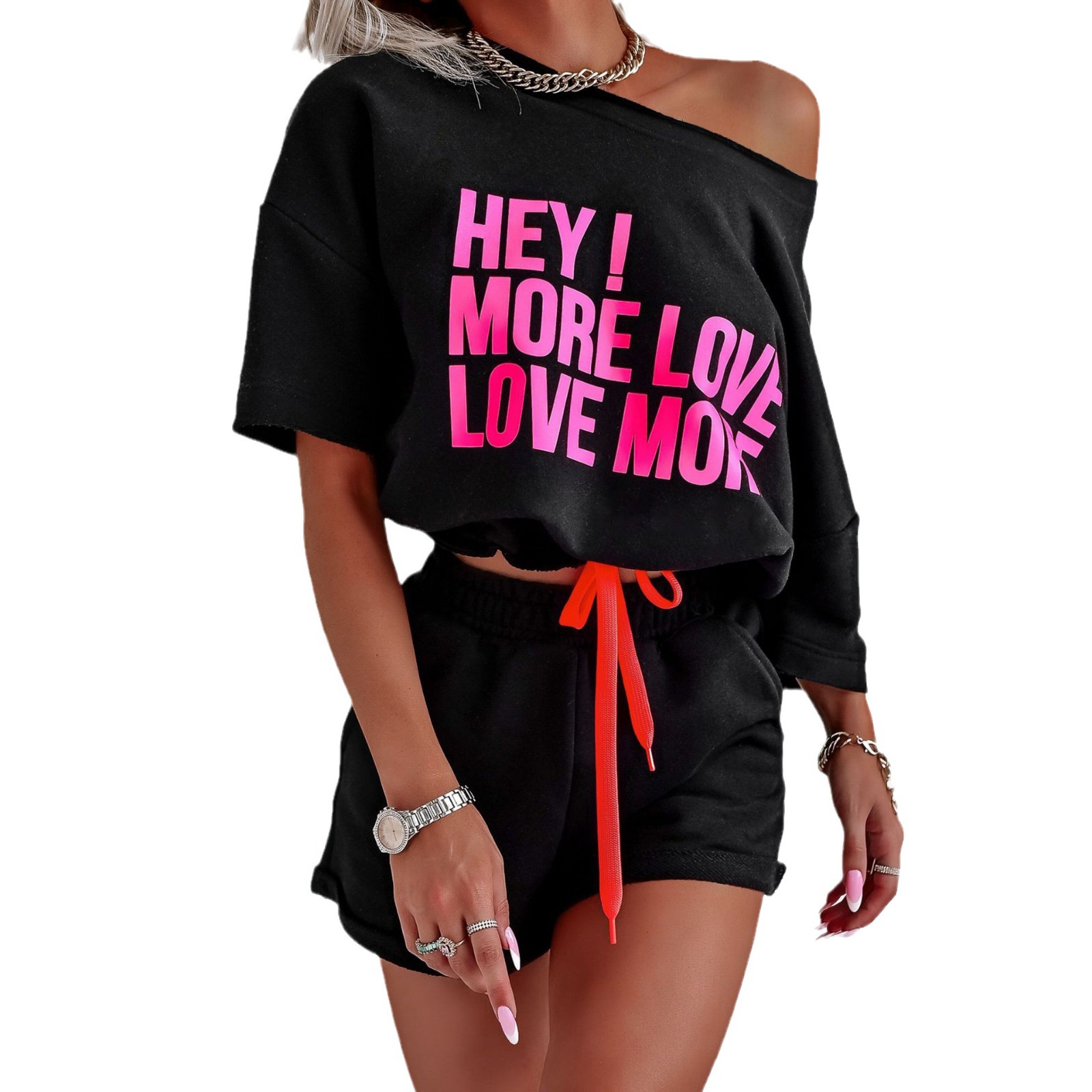 Women's Summer Two-Piece Short Sleeve Letter Print Top and Shorts Set