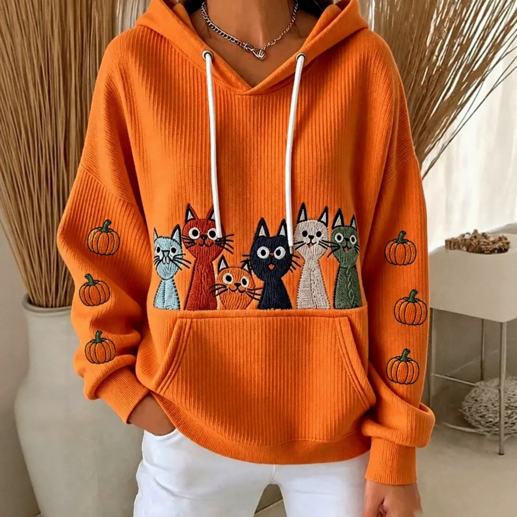 Halloween Pumpkin Cat 3D Print Women's Casual Hoodie