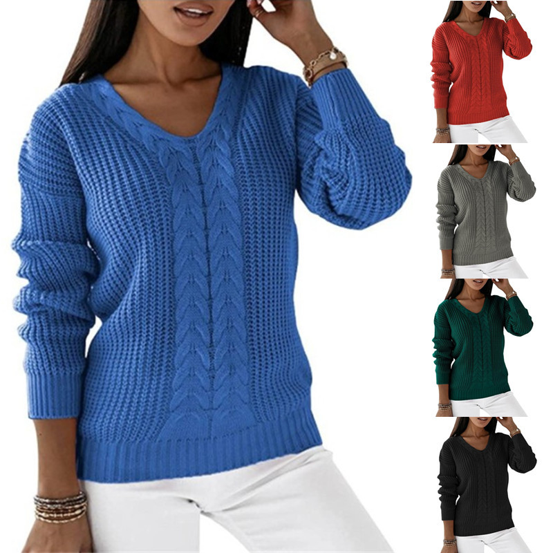 Women's V-Neck Cable Knit Pullover Sweater Long Sleeve Solid Color