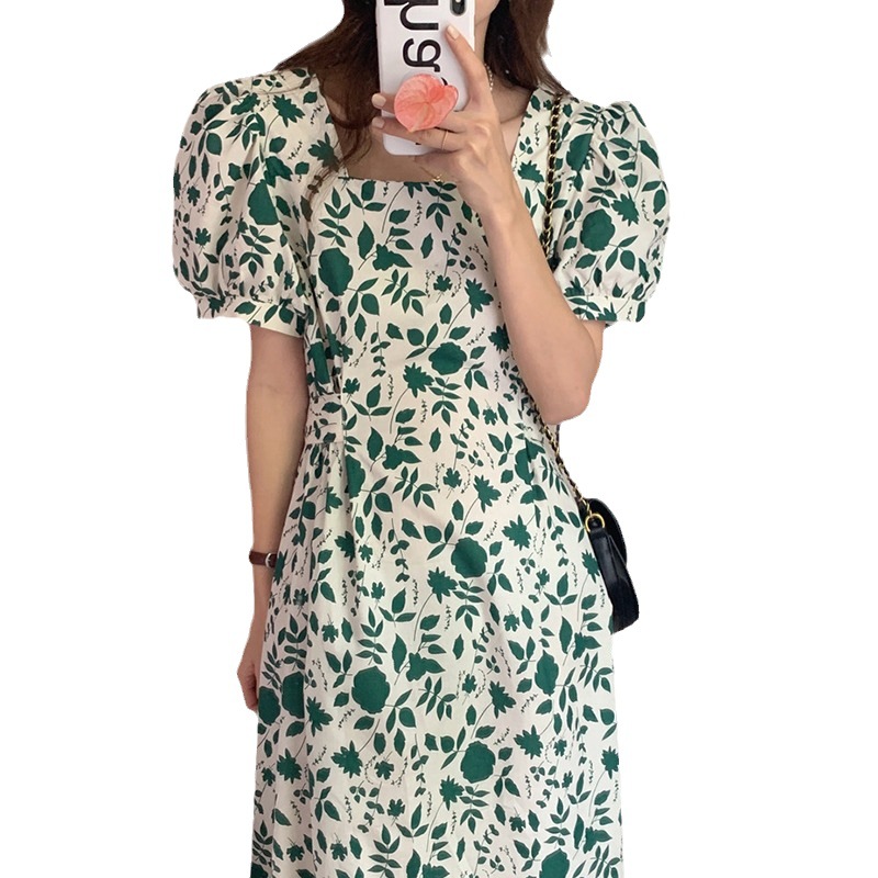 Daisy Floral Tie-Waist Midi Dress with Square Neck and Puff Sleeves