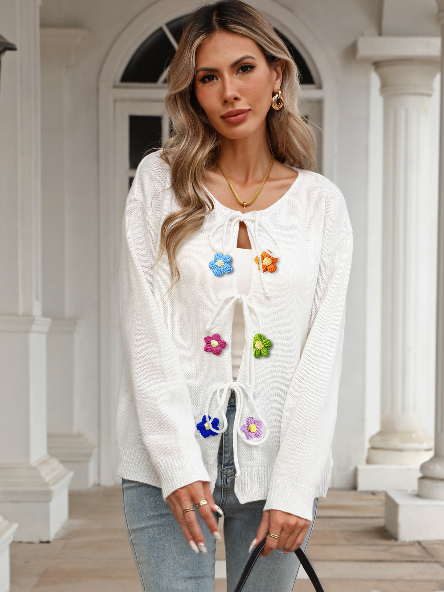 Women's Tie-Front Cardigan with Hand-Crocheted Floral Appliqué
