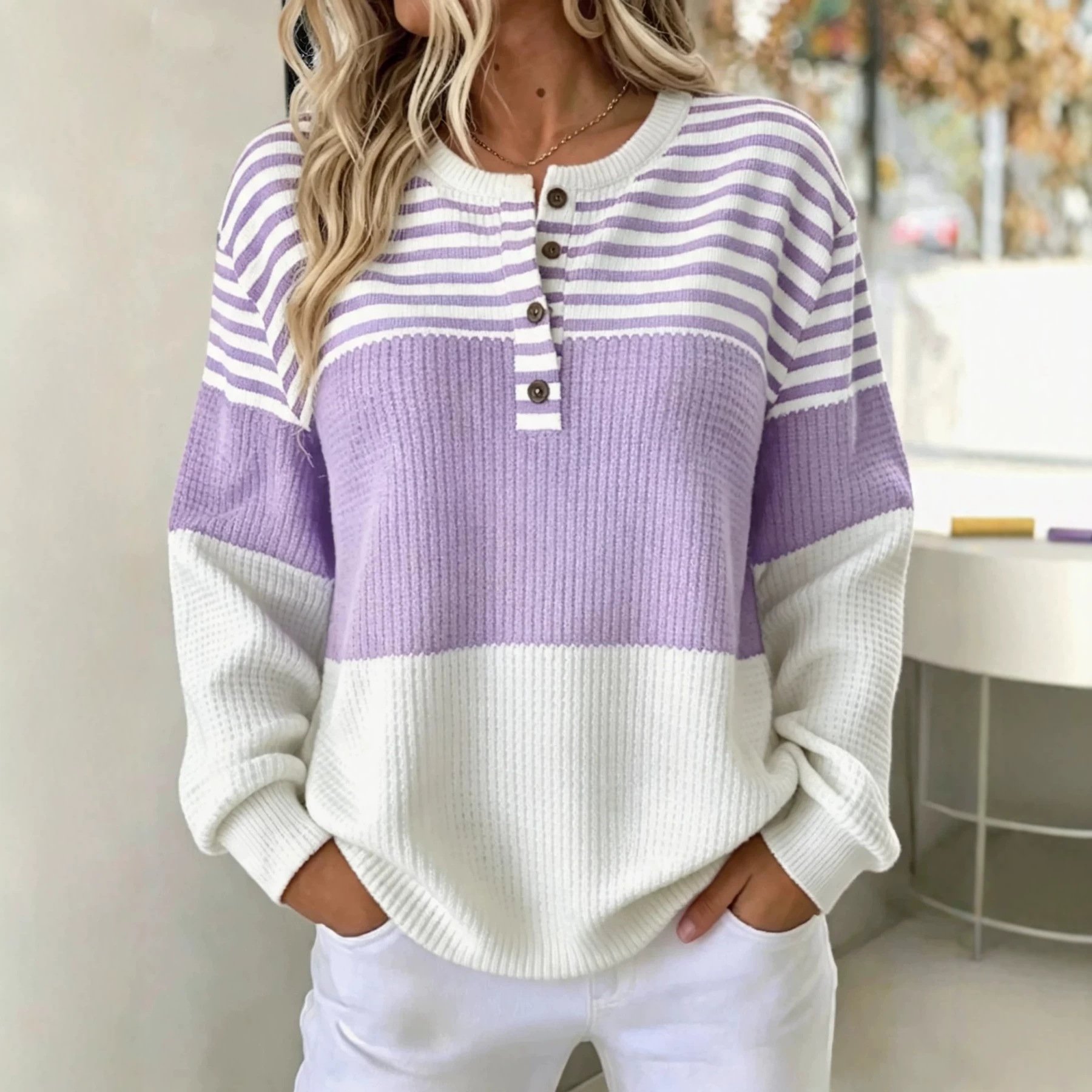 Women's Retro Striped Print Buttoned Casual Sweatshirt