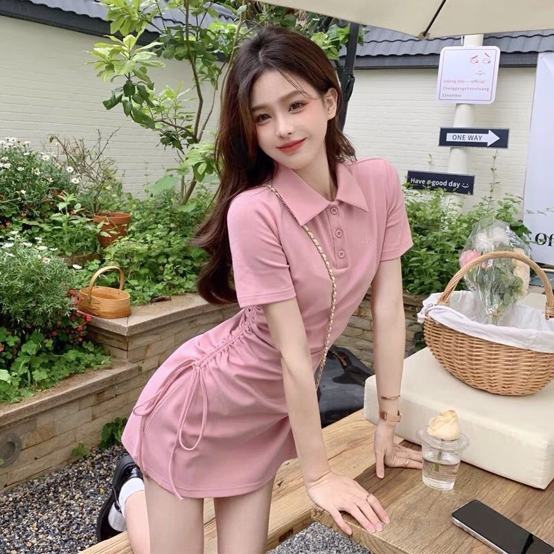 Pure Desire Style Polo Collar Dress with Drawstring Tie Short Sleeve Slimming