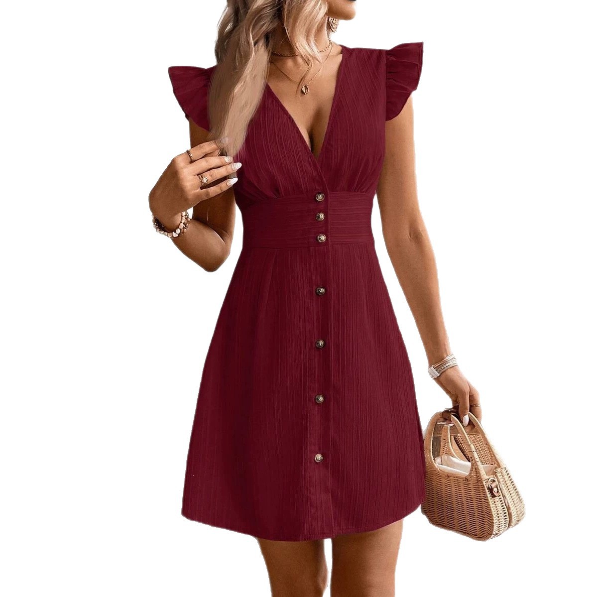 Sexy High-Waist V-Neck Striped Button Dress