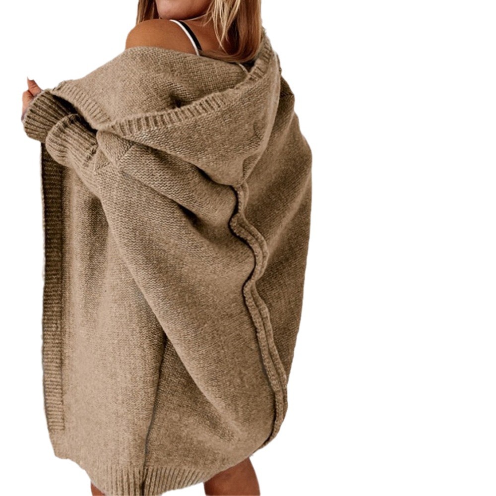 Hooded Knit Cardigan with Batwing Sleeves and Back Panel