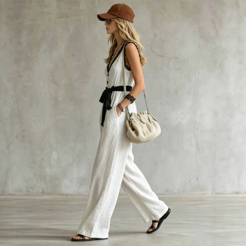 Colorblock Lace Trim V-Neck Tie-Waist Wide-Leg Jumpsuit