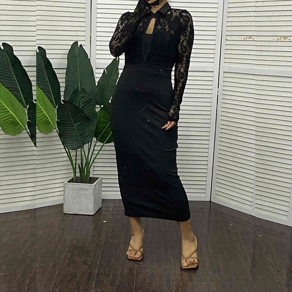 Women's Lace Panel Long Sleeve Bodycon Dress with Collar