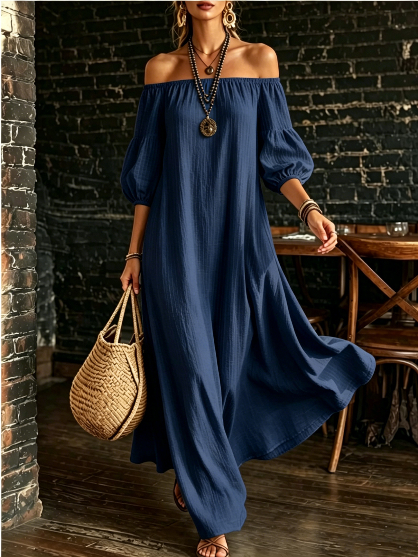 Off-Shoulder Puff Sleeve Textured Solid Color Dress Women Loose Flowy Vacation Beach Long Dress