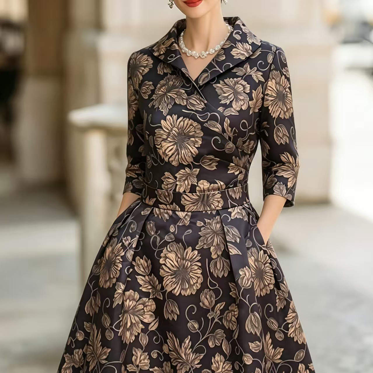 French Vintage Gold Brown Print Dress V-Neck Waist Cinched Seven Sleeve Flared Skirt