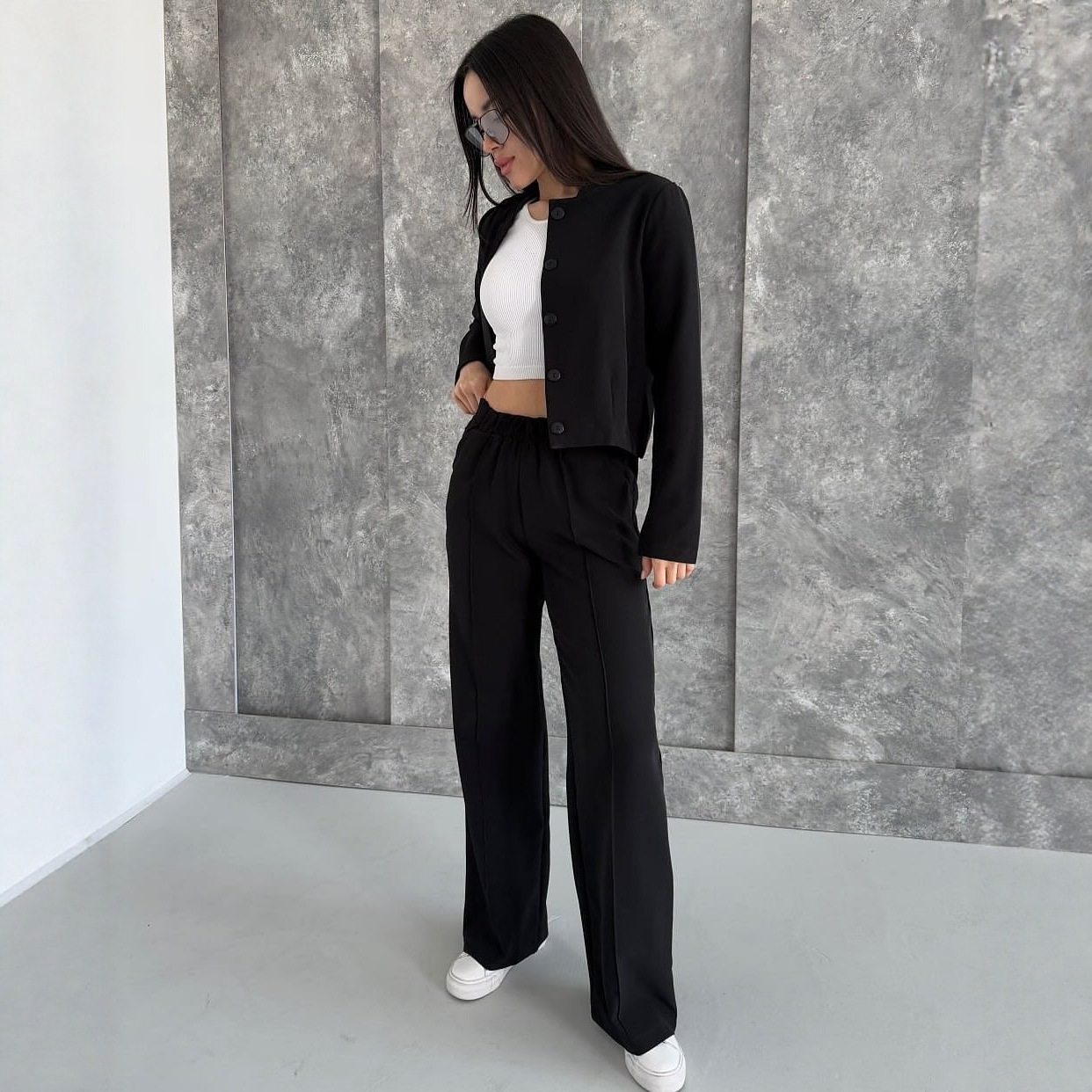 Women's Casual Long-Sleeve Blazer and Pants Set Solid Color Commuter Outfit