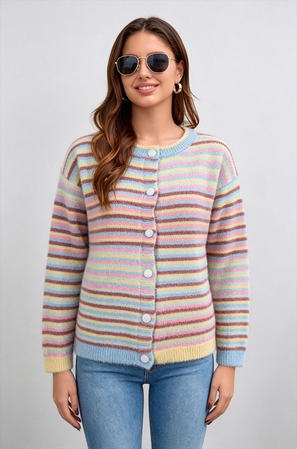 Rainbow Striped Knit Cardigan Sweater