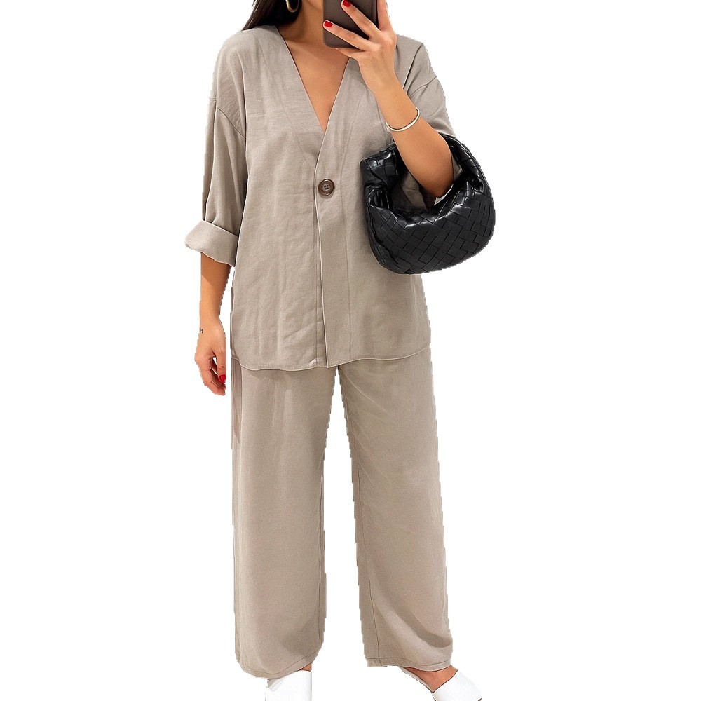 Women's Casual V-Neck One-Button Cardigan and Pants Set