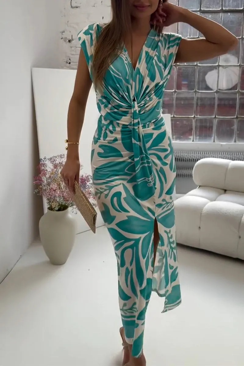 Women's V-Neck Sleeveless Floral Print A-Line Midi Dress