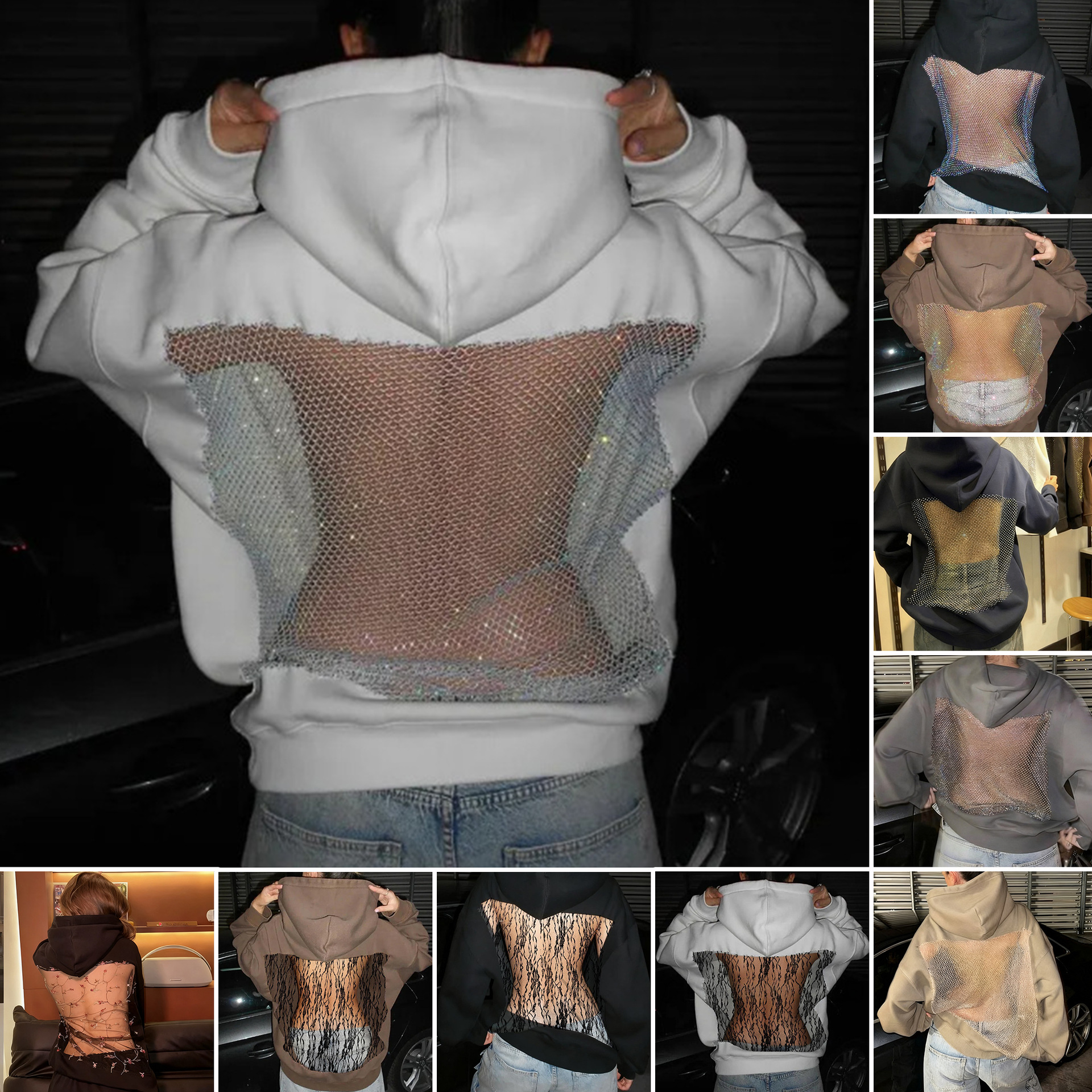 Women's Solid Color Open Back Cutout Mesh Hoodie Sweatshirt
