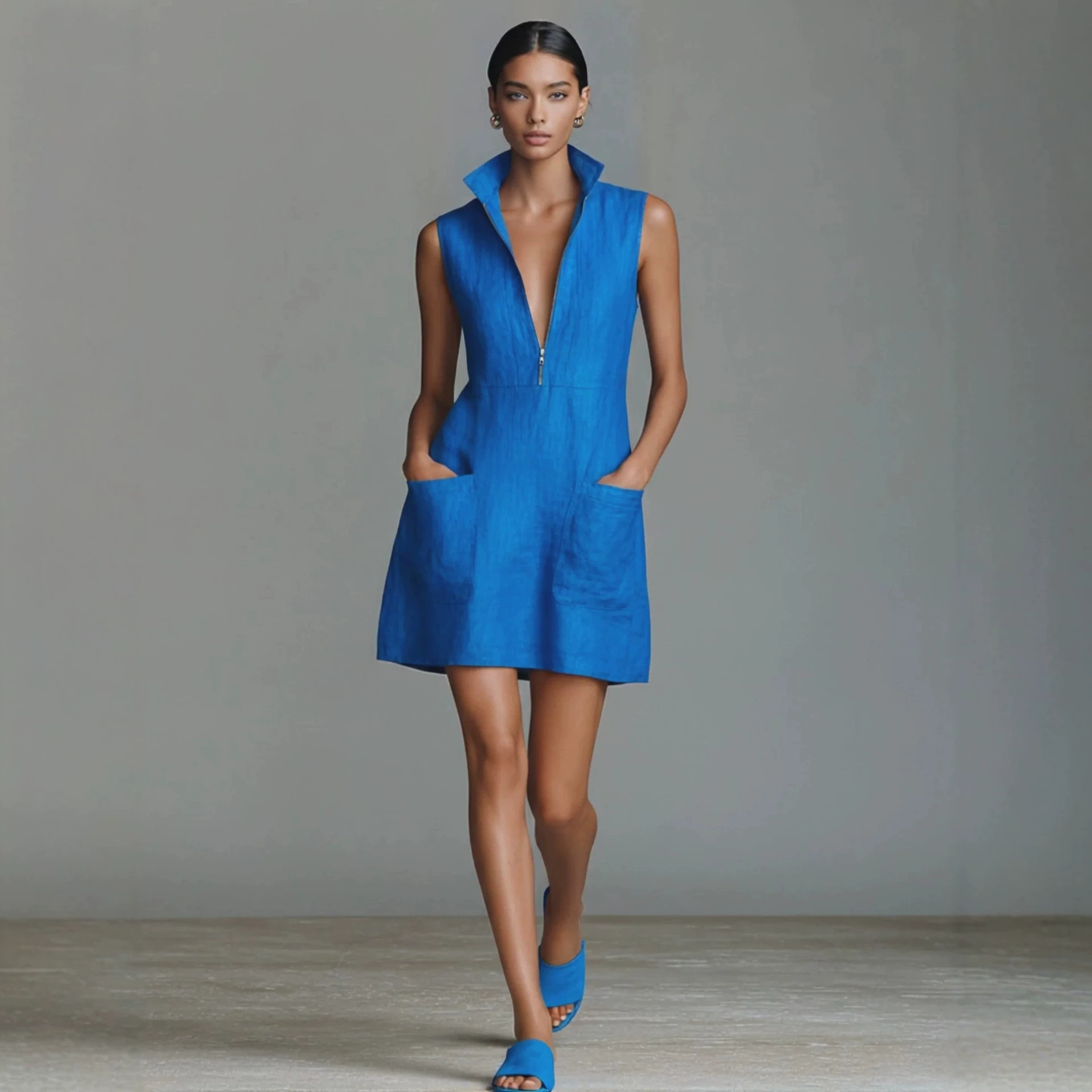 Sleeveless Solid Color Mini Dress with Pockets