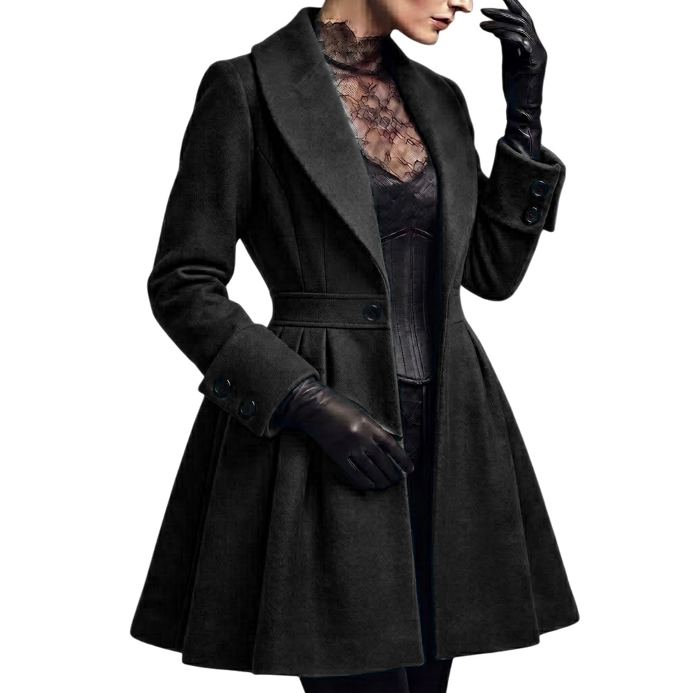 Women's Long Wool-Blend Pleated Coat Dress with One-Button Closure