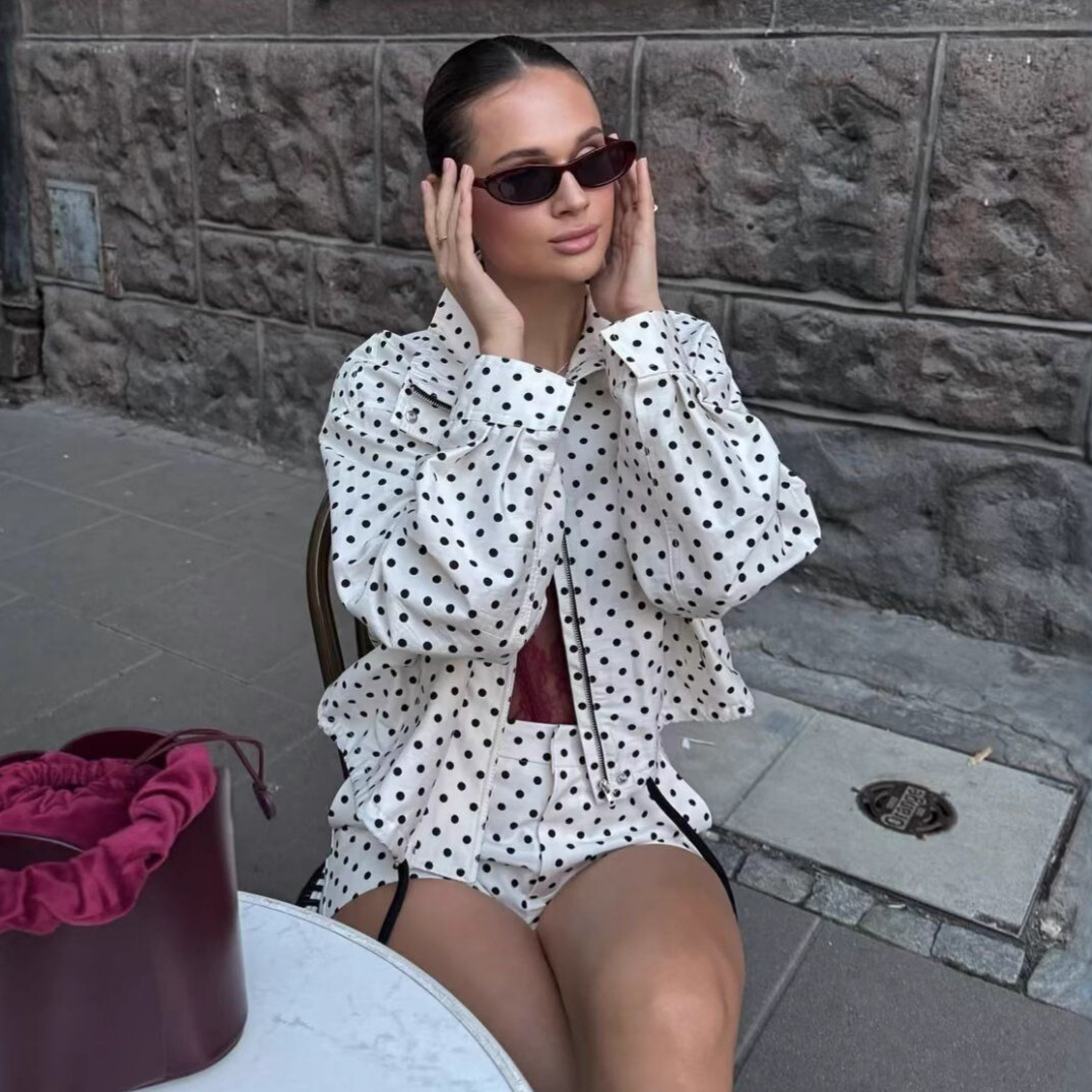 Polka Dot Print Stand Collar Bomber Jacket