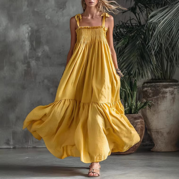 Boho Yellow Long Sleeveless Pleated Dress