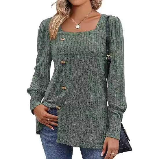 Ribbed Square Neck Puff Sleeve Split Sweater