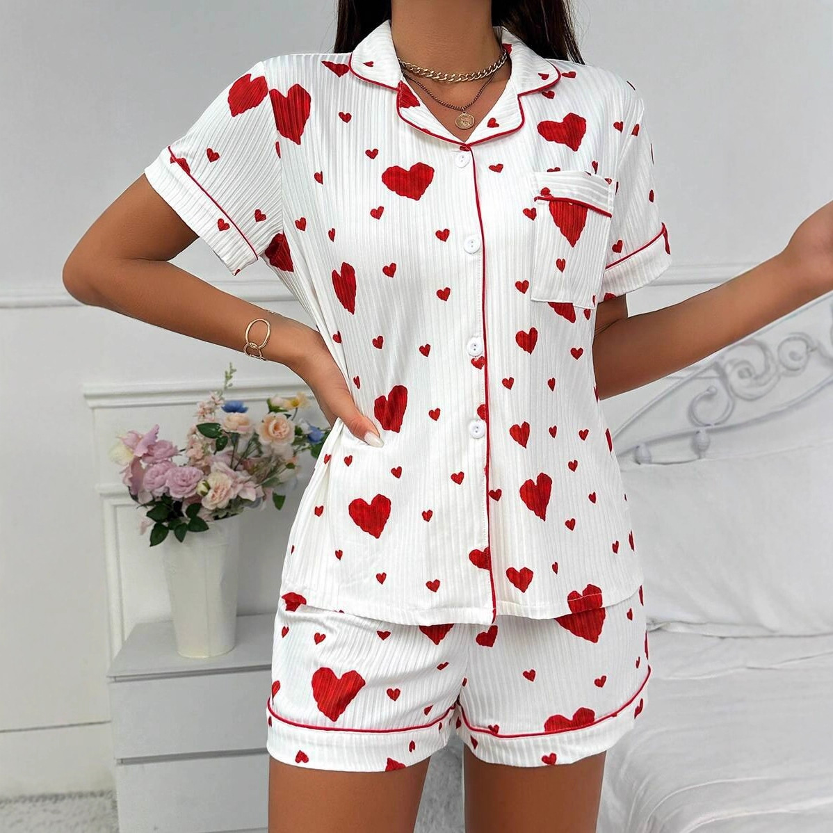Cuban Collar Heart Bow Print Short Sleeve Women's Casual Two-Piece Set
