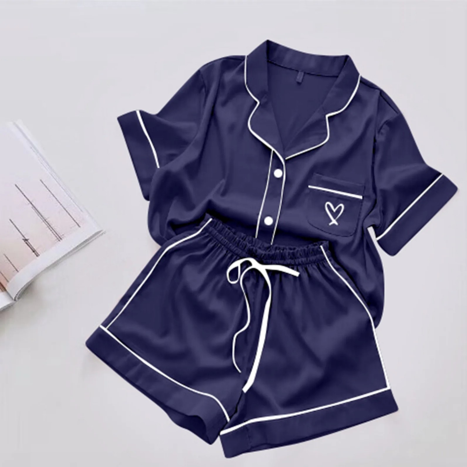Women's Cuban Collar Short Sleeve Set with Heart Print